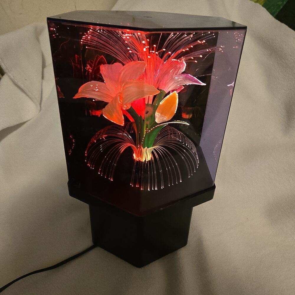 Fiber Optic Flower Rotating Lamp Light Color Changing Hexagon Music Box Vintage